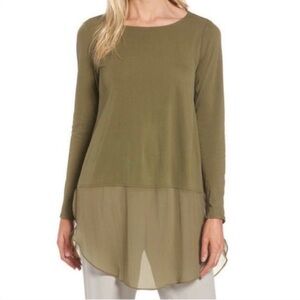 Eileen Fisher Silk Bateau Tunic in Olive Green. Size Medium